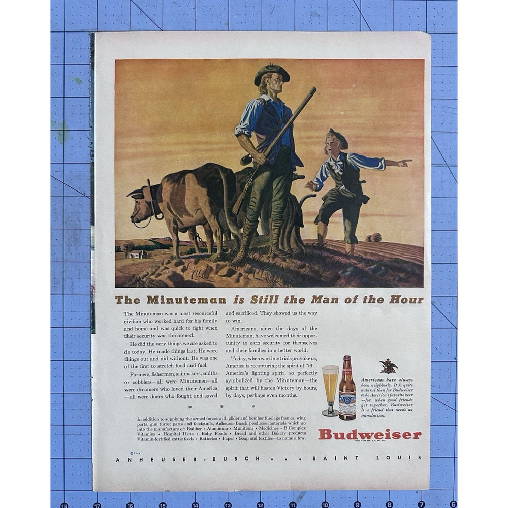 1944 Vintage Budweiser Print Ad The Minuteman Is Still The Man Of The Hour